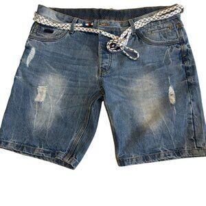 Dari Mens Distressed Denim Shorts W/Braided Belt Light Wash Size 34 Vtg
